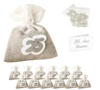 Coffret anniversaire comprenant 12 sacs en jute gris argenté, avec application en bois, idéal pour des projets de bricolage