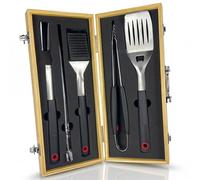 Coffret Barbecue Homme - ustensiles Barbecue INOX dans Une Valise en Bois | Spatule 3-en-1 avec décapsuleur & lame, outils barbecue, cadeau fête des pères & Noël