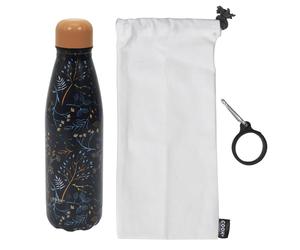 Coffret bouteille isotherme en acier inoxydable avec étui en coton et mousqueton 50cl MELISSE motif floral bleu