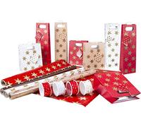Coffret cadeau 16 pièces étoiles comprenant 4 rouleaux de papier cadeau, 4 sacs à bouteilles, 4 sacs cadeaux et 4 rubans cadeaux.