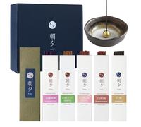 Coffret Cadeau Asayu Japan, Assortiment Bâtonnets d'Encens Japonais Naturels et Porte Encens, Bois de Santal 5 Parfums : Rose, Sauge Blanche, Fleur de Cerisier, Fleur de Prunier. Fabriqué au Japon