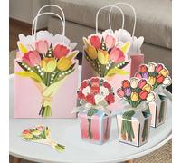 Coffret cadeau bouquet de tulipes 3D créatif (10/5/1 pièce), pochette cadeau florale rose style Fresh Ins, motif ours en roses et tulipes multicolores, emballage cadeau romantique et luxueux, impressi