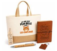 Coffret Cadeau La vie est plus belle avec les chats roux | modèle 1 | Sac Cabas Coton et Jute 18 L, Carnet, Stylo Bambou, Porte-Clés, Marque-Page | 5 Pièces | Idée Cadeau Propriétaire Chat Noël Départ