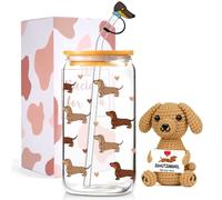 Coffret cadeau pour amoureux des teckels - Boule de verre de 473 ml avec couvercle et paille et tricot à la main teckel avec carte énergétique, coffret cadeau pour amoureux des teckels