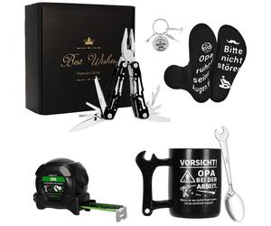 Coffret cadeau pour grand-père, sur le thème des outils : tasse, chaussettes, outil multifonction, mètre ruban, porte-clés, cuillère, boîte cadeau