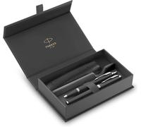 Coffret cadeau stylo Parker IM Duo : stylo plume, stylo bille et étui. Finition noire laquée avec détails chromés. Pointe moyenne