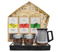 Coffret cadeau thé en vrac Mary Rose avec théière en verre et tasses | Ensemble pour cérémonie du thé avec théière, tasses, plateau en bambou et sélection de trois thés en vrac Mary Rose