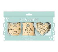 Coffret de 3 découpoirs et embosseurs bois - SCRAPCOOKING - Chat/ourson et cœur