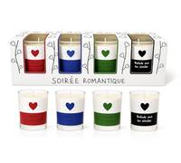 Coffret de 4 Bougies Parfumées Soirée Romantique - Parfum Mûre Sauvage, Bougies en Verre avec Cœurs Décoratifs, 5,2 x 6,2 cm, Idée Cadeau Couple et Ambiance Romantique.
