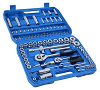 Coffret de 94 pièces comprenant un cliquet, une ouille, des embouts 1/4" et 1/2", des douilles et des clés CRV