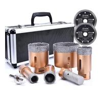 Coffret de Forets Diamantés pour Carrelage, Kit de Couronnes Diamantées Premium 9 Pièces - 20/27/35/55/68 mm Scie Cloche Diamant, Fraise, Adaptateur M14-HEX, 2 Disques à Tronçonner 125mm