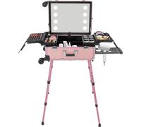 coffret de maquillage pour coiffeur 3 en 1, trolley avec roulettes & éclairage LED, grande valise en aluminium verrouillable, rose