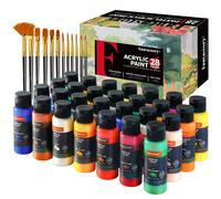 Coffret de peinture acrylique Fantastory 24 x 60 ml, 12 pinceaux, excellente couverture, haute résistance à la lumière, peinture acrylique imperméable, pour toile, bois, céramique, modèles, artistes, 