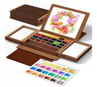 Coffret de peinture aquarelle, 24 couleurs, avec palette en bois de noyer et étui en simili cuir