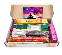 Coffret d'encens XXL Premium, pour la méditation et la relaxation, avec brûle-parfum et brûle-parfum, bâtonnets d'encens indien de différentes variétés (Nag Champa, bois de santal, vanille, opium, lotus, eucalyptus, cannelle, par exemple)