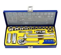 Coffret Douilles 20pcs avec Clef à Cliquet 3/8""avec jeu de douilles+2 Rallonges+Manche T+Adaptateurs bougies auto.Boite en Métal