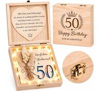 Coffret en Bois pour Billets, Cadeau Anniversaire 50 Ans | Coffret Cadeau Avec Fleurs Sséchées, Carte Cœur Magnétique, Plaque 30 Ajourée, Ficelle et Guirlande LED