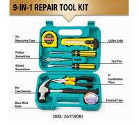 Coffret outils 9 pièces marteau arrache-clou pince tournevis testeur mètre cutter ruban tissu mallette bleu-vert