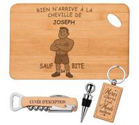 Coffret Planche Apéro Rien n'arrive à la cheville de Joseph sauf sa bite | Bambou Gravé, Tire-Bouchon, Bouchon à Vin, Porte-Clés, 4 Pièces, Cadeau Homme Fête des Pères