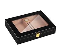 Coffret rangement bois noir brillant hygromètre analogique vitre couvercle | Coffret rangement bois brillant intérieur cèdre hygromètre rond analogique couvercle vitre