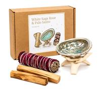 Coffret Sauge Blanche Purification à Brûler + Palo Santo, Coquille Abalone | Coquille d'ormeau et support bois inclus, fagot de sauge aux pétales de rose, 2 bâtons, encens naturel, cadeau crémaillère