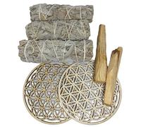 Coffret Sauge Blanche Purification, Fleur de Vie 10 cm en Bois et batons Palo Santo (3 bâtons de Sauge - 2 Fleurs de Vie - 2 palo Santo)
