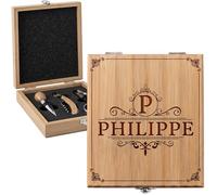 Coffret sommelier personnalisé - Coffret personnalisable pour le vin - Prénom gravé - Tire-bouchon, Bouchon, Bec verseur, Stop-gouttes - Cadeau Fête des Pères, Papa, Anniversaire (Sommelier)