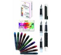 Parure Calligraphie: stylo plume avec 3 plumes différentes, 10 cartouches d'encre en couleurs brilliantes, magazine et livret handlettering pour bullet journaling, hand lettering, écriture créative