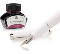 Coffret stylo plume Cleo Skribent Classic Palladium Blanc, stylo plume à cartouche et 30 ml d'encre bordeaux