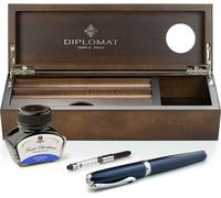 Coffret stylo plume Diplomat Excellence A2 Midnight Blue Chrome avec encre et étui à crayons en bois de wengé