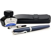 Coffret stylo plume Diplomat Excellence A2 Midnight Blue Chrome avec encre et étui en cuir, taille M