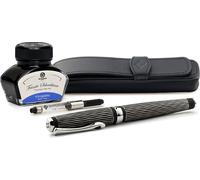Coffret stylo plume Diplomat Excellence Aplus Wave guilloché noir lapis, avec cartouche d'encre et étui en cuir, taille M