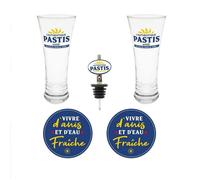 Coffret verres à pastis - STC - Lot de 2 verres à pastis - 2 dessous de verre en liège - 1 bec verseur anti-goutte