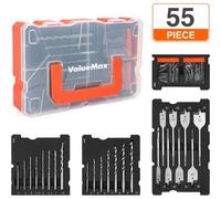 Coffrets de Forets 55 Pieces ValueMax, Comprend Forets a Beton, Forets Metal, Meche a Bois Plate et Embouts de Tournevis et Boite de Rangement