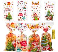 Coicok 100 Pièces Sachet Bonbon Noël, Sachets Transparents pour Biscuits, Sachet Biscuit Noel, Cellophane Sacs Plastique avec 100 Bandes, Sac Cadeau de Gateau et de Bonbon, Fêtes de Noël et Festival