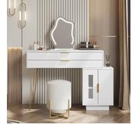 Coiffeuse 100 x 40 x 78 cm Table de maquillage avec miroir à éclairage LED, 2 tiroirs et petite armoire (sans tabouret) - Blanc