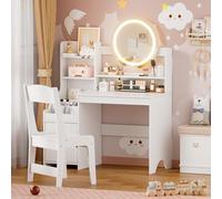 Coiffeuse 2 en 1 en Bois avec Miroir LED et Tabouret,Dispositif Anti-basculement, Étagère à Livres et Tiroirs, Moderne Vanity Coiffeuses Petite Fille dès 5 Ans+ (Blanc)