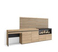 Coiffeuse, 284x35x145 cm, Avec tiroir, Cheminée électrique XXL, Commode, Buffet, Panneaux Muraux en Bois, Chêne, RF3474