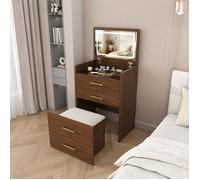 Coiffeuse 3-en-1 avec Miroir Ouvrable, Bureau Coiffeuse 3 Tiroirs Rangement, Plateau Verre Transparent, Tabouret Inclus,Noyer