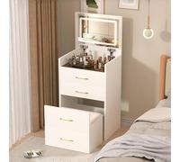 Coiffeuse 3 en 1 blanche avec miroir rabattable, tabouret, plateau en verre | Format compact 60x40x118 cm : 3 tiroirs, rangement flacons hauts, organisateur bijoux, siège rangeable, idéal petite chambre.