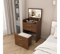 Coiffeuse 3 en 1 de 60 cm avec tabouret, plateau en verre et 3 tiroirs, noyer