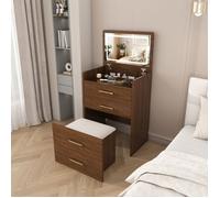 Coiffeuse 3-en-1 - Noyer - Miroir Rabattable - Plateau Verre - 3 Tiroirs - Tabouret Inclus