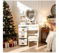 Coiffeuse - 4 Tiroirs - Miroir avec éclairage LED - Étagères Ouvertes - 80x40x135cm - Miroir en Forme de Cœur