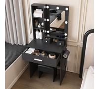 Coiffeuse 60 x 38 x 131,5 cm avec miroir, éclairage LED, prise, support pour sèche-cheveux, 3 tiroirs, étagère, tabouret, noir