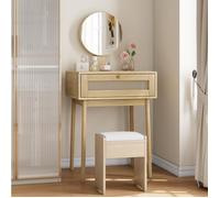 Coiffeuse 60x50x128 cm miroir rond 1 tiroir bois finition cannage pour petits espaces chambre JOINERY