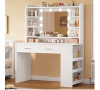 Coiffeuse - 80×40×143 cm - 2 tiroirs - Miroir LED 3 couleurs - 4 étagères ouvertes