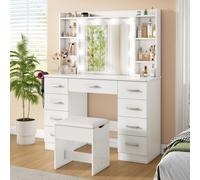Coiffeuse AIORBER avec miroir LED et tabouret, 9 tiroirs, 3 couleurs de lumière réglables, étagères, support pour sèche-cheveux, alimentation USB, blanc