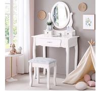 Coiffeuse avec 1 Miroir et 3 Tiroirs, Banc Tabouret Coiffeuse Rembourré, Maquillage Coiffeuses Bois Blanc, pour Femmes et Filles