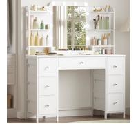 Coiffeuse avec éClairage LED,Coiffeuse avec Grand Miroir HD, 7 Tiroirs et 6 éTagèRes De Rangement,Dressing De Chambre,Moderne Blanc