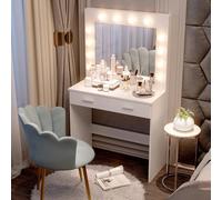 Coiffeuse avec éclairage LED et tabouret, petite coiffeuse avec 2 grands tiroirs, meuble de chambre moderne avec éclairage LED, 80 x 40 x 140 cm Table de maquillage avec éclairage LED et tabouret desi